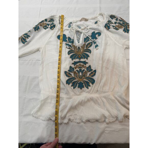 Soft Surroundings Shirt Sz S White Green Embroidered Sequins Tassel Boho Top - Picture 11 of 12